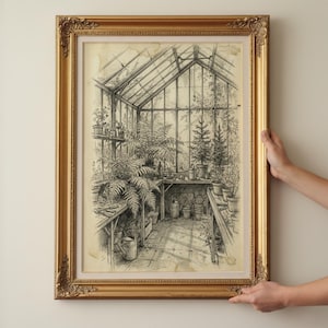 May include: A framed black and white sketch of a greenhouse interior, filled with plants and gardening tools. The artwork is in a gold ornate frame. The image depicts a detailed drawing of a glasshouse with various potted plants, benches, and a watering can.