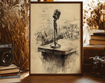 Vintage Microphone Print, Retro Radio Art, Charcoal Sketch, Podcast Studio Decor, Music Room Wall Hanging, Digital Download