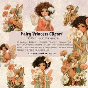 Wunderliches Fee Prinzessinen Clipart Set - Schöne Schmetterlingsflügel, Floral PNG Bündel