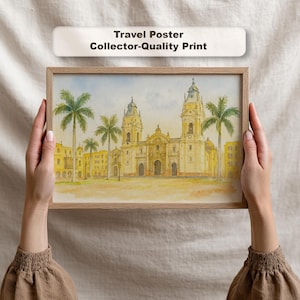 Peruvian Cityscape Art: Vintage Watercolor of Lima Peru Cathedral | South America Travel Print