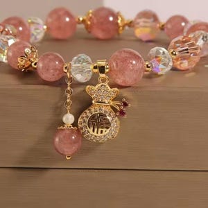 Bracciale con ciondolo di ricchezza in cristallo rosa - Ciondolo portafortuna per sacco di soldi - Bracciale con perline in stile quarzo rosa per donna - Regalo di prosperità e abbondanza