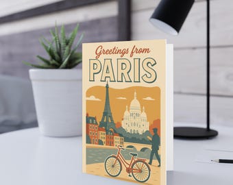 May include: A postcard with the text "Greetings from PARIS" features an illustration of the Eiffel Tower, Sacré-Cœur Basilica, a bicycle, and a person walking. The postcard has a vintage travel theme with a color palette of orange, blue, and beige.