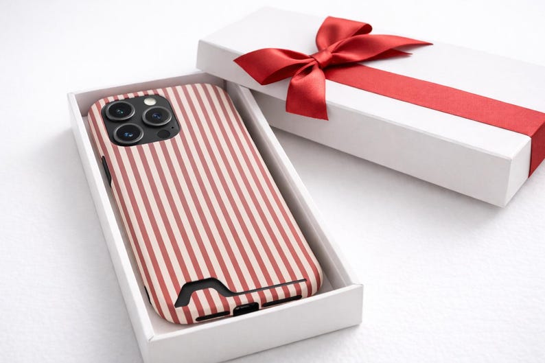 Striped Phone Case with Card Holder | Slim Protective Wallet Cover | Aesthetic Gift Ready Packaging Option for Her | Rose Minimalist Case image 1