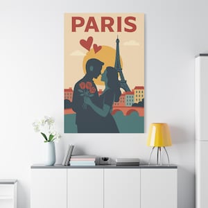 Paris Canvas Wall Art, Eiffel Tower Poster Print, Romantic Paris Decor, Anniversary Wedding Gift, Valentine&#39;s Day Art, Gift for Couples
