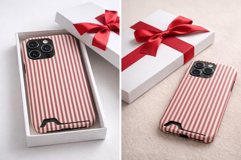 Striped Phone Case with Card Holder | Slim Protective Wallet Cover | Aesthetic Gift Ready Packaging Option for Her | Rose Minimalist Case image 2
