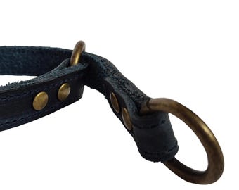 Blue Leather Dog Collar: Small Breed Double O-Ring Design