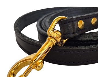 Dark Blue Italian Leather Dog Leash: Gold Swivel Hook, Small-Medium Dogs