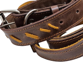 Conjunto de correa y collar para perro de cuero de dos colores hecho a mano