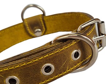 Yellow Leather Dog Collar: Handmade Medium Breed Pet Collar with O-Ring