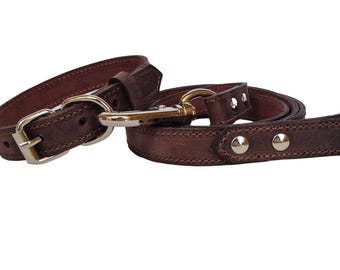 Brown Leather Dog Collar and Leash Set: Durable Medium Dog Gear
