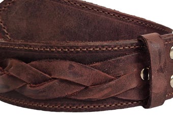Braided Brown Leather Dog Collar: Large Breed