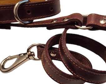 Collar y correa de cuero marrón y naranja hechos a mano para perros medianos