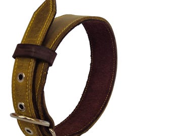 Yellow & Brown Leather Dog Collar: Durable Dual-Color Design, Medium-Large Dogs