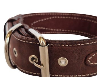 Wide Brown Leather Dog Collar, Two-Layer with Solid Silver Hardware