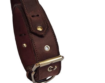 Brown Leather Dog Collar with Handle - Wide Three-Layer Collar for Large Breeds