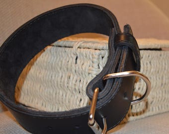Leather dog collar, Wide Black Leather Collar - Three-Layer Suede for Comfort & Neck Protection