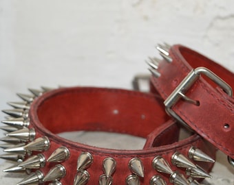 Leather Dog Collar,  Beaded Dog Collar, Engraved Dog Collars, Dog name Tag, Red Dog Collar, Spiked Collar