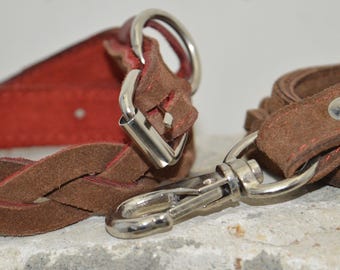 Braided Brown and Red Leather Dog Leash and Collar Set, Personalized Dog Collar, Dog Collar with Name