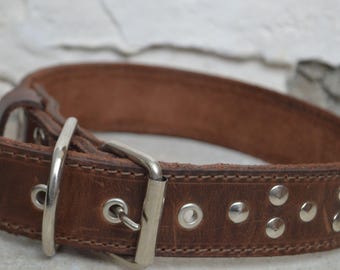 Collar elegante de cuero marrón con tachuelas para perros, collares personalizados para perros, collar grabado para perros, collar para perros con nombre
