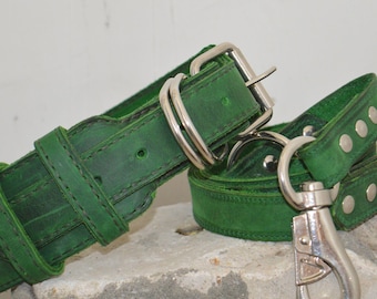 Leather Dog Collar, Leather Dog Leash, Green Leash, Wide Dog Collar