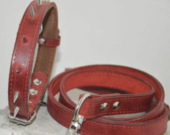 Conjunto de collar y correa de cuero rojo con pinchos para perro, collar grabado, collar con nombre, collar personalizado para mascotas