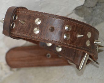 Collar de cuero marrón con pinchos para perro, collar con nombre, accesorios de cuero, regalo para amantes de las mascotas