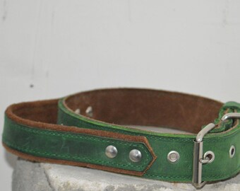 Green Leather Dog Collar with Handle | Wide & Strong Suede Design for Big Dogs