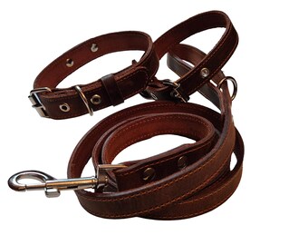 Collar y correa de cuero marrón hechos a mano para perros medianos