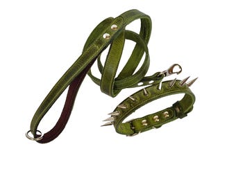Handmade Green Leather Dog Leash and Spiked Collar Set - Medium Dogs