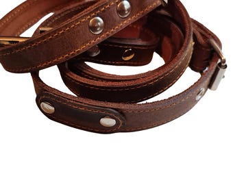Collar y correa de cuero marrón hechos a mano para perros de raza mediana