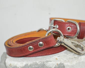 Red and Orange Dual Color Leather Dog Collar and Leash Set