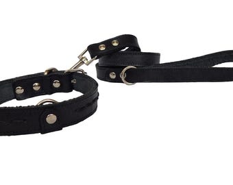Handmade Leather Dog Collar and Leash Set: Medium Breed, Durable Walking Set