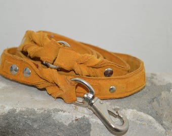 Orange Braided Leather Suede Dog Leash with Silver Rivets, Dog leash with Name, Engraved Dog Leash