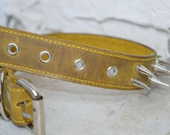 Collar de perro de cuero amarillo con pinchos, accesorio para mascotas, collar para perro con nombre, collar para perro grabado, collar para perro