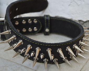 Collar ancho de cuero negro para perro con pinchos - Collar de cuero personalizado para perro