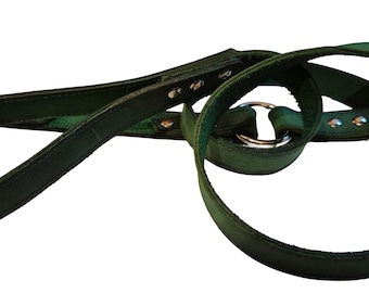 Correa de cuero verde para perros: correa de entrenamiento con anilla para perros medianos y grandes