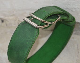 Wide Green Leather Dog Collar, Custom Dog Collar with Name, Engraved Dog Collars