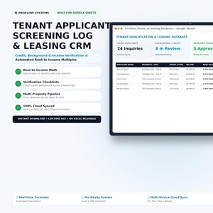 May include: A digital tenant applicant screening log and leasing CRM spreadsheet for Google Sheets. The interface displays applicant data, credit scores, and leasing status on a computer monitor and a mobile phone screen with summary dashboards.
