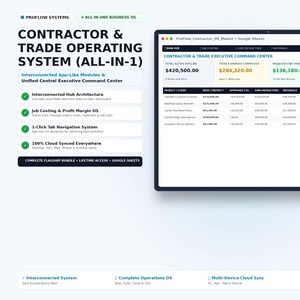 May include: A digital business management system for contractors displayed on a computer monitor and a smartphone. The interface shows financial data, project tracking, and job costing modules labeled Contractor & Trade Operating System.