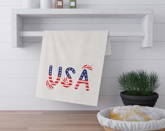 Fourth of July theedoek, patriottische theedoek, katoenen/polyester keukenhanddoek Amerikaanse vlag, Amerikaanse vlag katoen/polyester, decor rood wit blauw huis, decor Independence Day