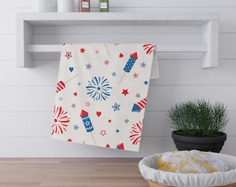 Fourth of July theedoek, vuurtje en vuurwerk theedoek, patriottisch keukendecor, Independence Day gastvrouw cadeau, VS 4 juli decor