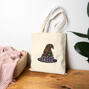Halloween Witch Hat Trick or Treat Cotton Canvas Tote Bag - Halloween Bag, Trick or Treating Bag, Halloween Tote, Witch Hat Tote, Halloween