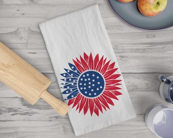 Zonnebloem Fourth of July theedoek, rood wit en bloei keukenhanddoek, 100% katoen, Independence Day vaatdoek, patriottische woondecoratie