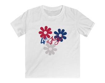 Red White and Bloom Kids Softstyle Tee, 4th of July Shirt, Red White Blue Flowers, Kids Fourth of July T-Shirt, Patriotic Youth Shirt