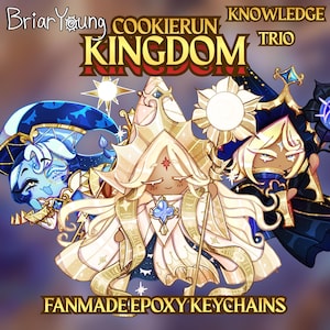 Pode incluir: Chaveiros de epóxi feitos à mão com personagens de Cookie Run Kingdom. A imagem mostra três personagens com designs detalhados, incluindo detalhes dourados, brancos e azuis. O texto inclui "Cookie Run Kingdom", "Knowledge Trio" e "Fanmade Epoxy Keychains".