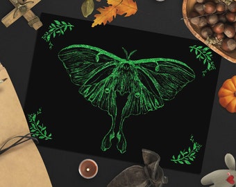 Glitter Effect Luna Moth Print,Halloween Decor, Green Art Print, Insect Decor, Gothic Home Decor, Halloween Illustration