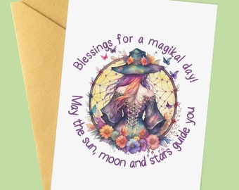 Witchy Birthday blessings card - Magikal Wiccan Pagan Witch Birthday card Celtic Spiritual Art Notecard