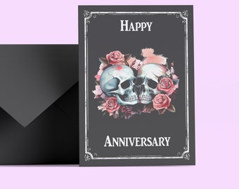 Gothic Anniversary Card - Skulls & Flowers Happy Anniversary Greeting