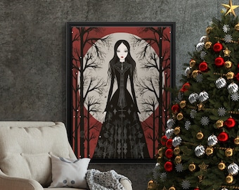 Goth Portrait Christmas Print, Gothic Decor, Witch Wall Art, illustrated, Friend Gift, Gothic Gifts, Spooky Season, Screen Print