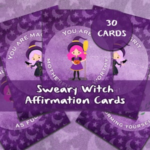 Sweary Affirmations Cards | Funny Encouragement Cards | Witch Art Cards | Halloween Oracle Deck | 30 Card Pack